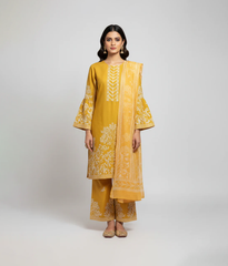 Yellow embroidered shirt with trouser and printed dupatta