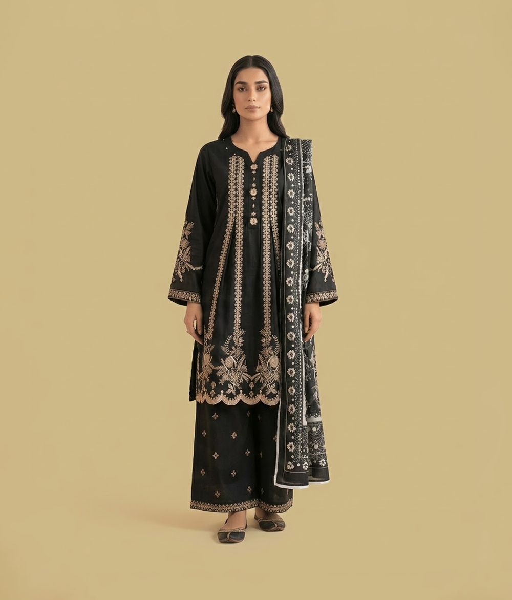 Black Cotton Embroidered A-Line 3 Piece Suit