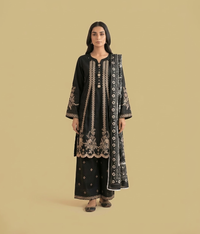 Black Cotton Embroidered A-Line 3 Piece Suit