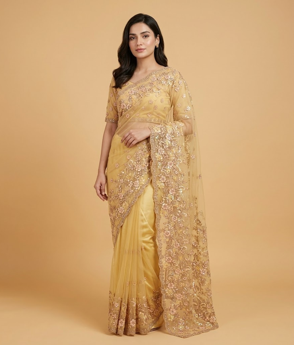 Yellow Embroidered Multi-toned Net Saree