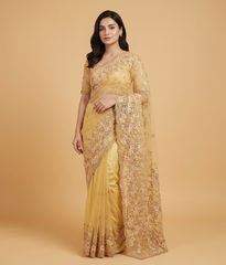 Yellow Embroidered Multi-toned Net Saree