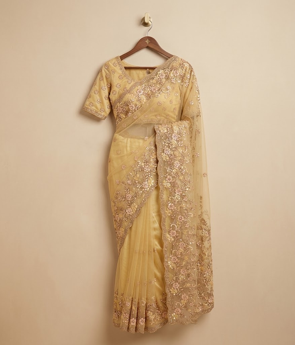 Yellow Embroidered Multi-toned Net Saree