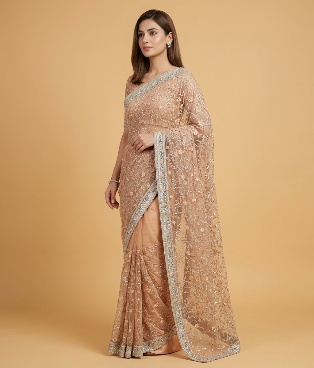 Yellow Net Jaal Work Saree