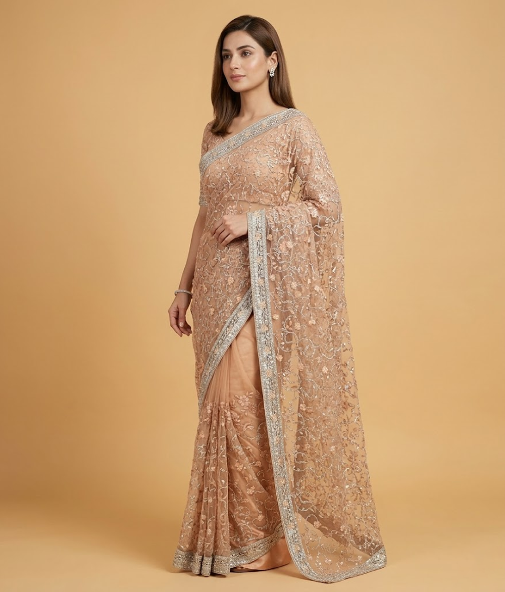 Yellow Net Jaal Work Saree