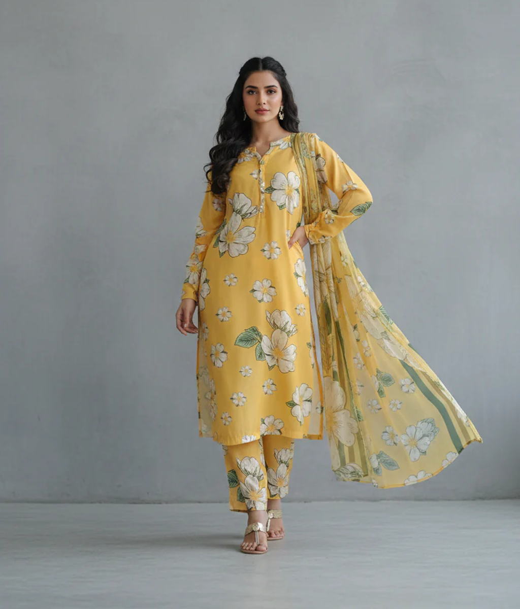 Yellow arabic Lawn floral printed 3 piece
