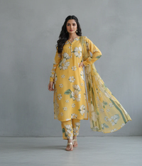 Yellow arabic Lawn floral printed 3 piece