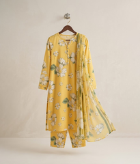 Yellow arabic Lawn floral printed 3 piece