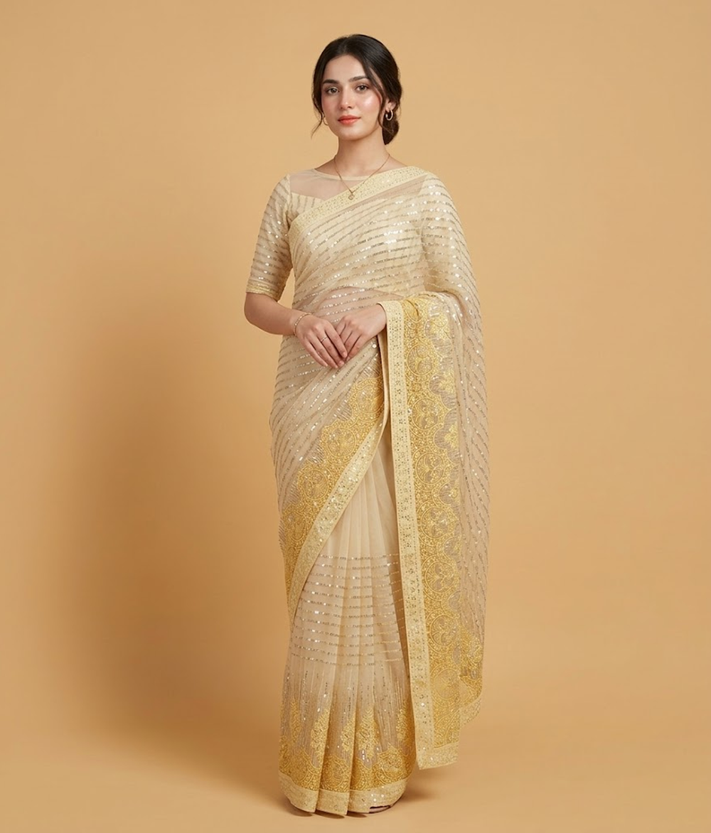 Yellow patterned Net saree