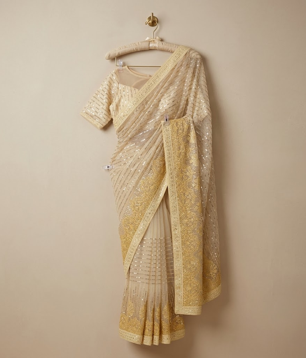Yellow patterned Net saree