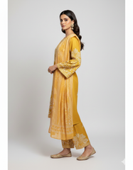 Yellow embroidered shirt with trouser and printed dupatta