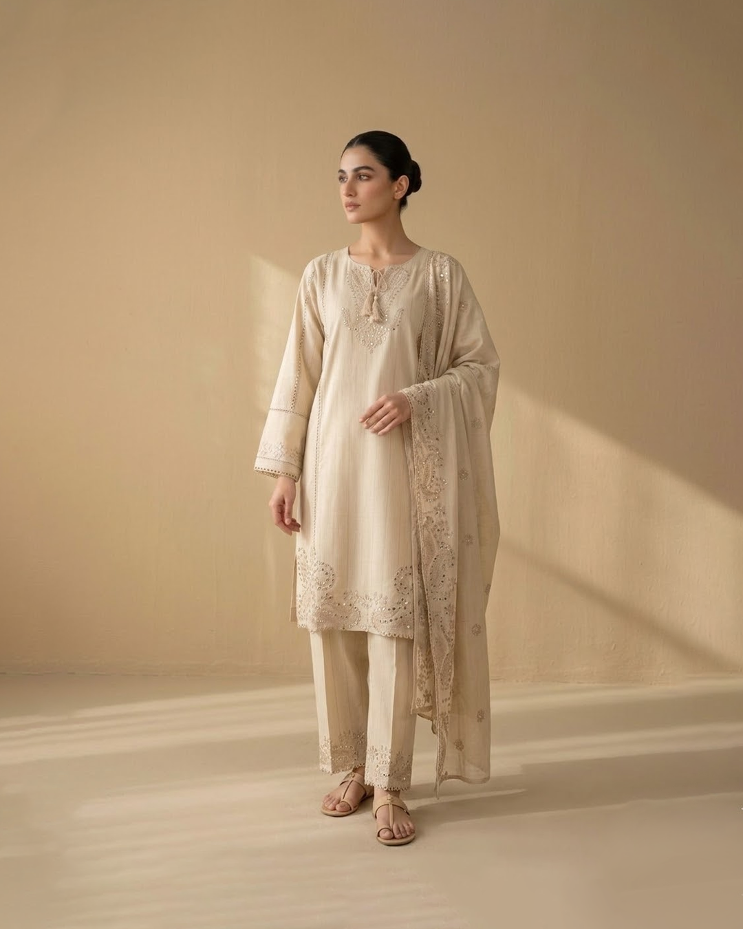 Beige embroidered Cotton lawn 3 piece suit