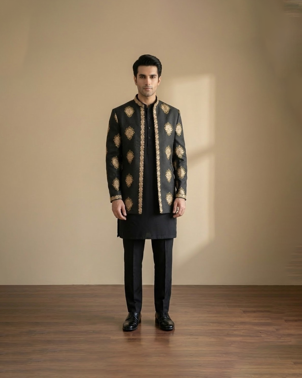 Black and gold embroidered open prince coat