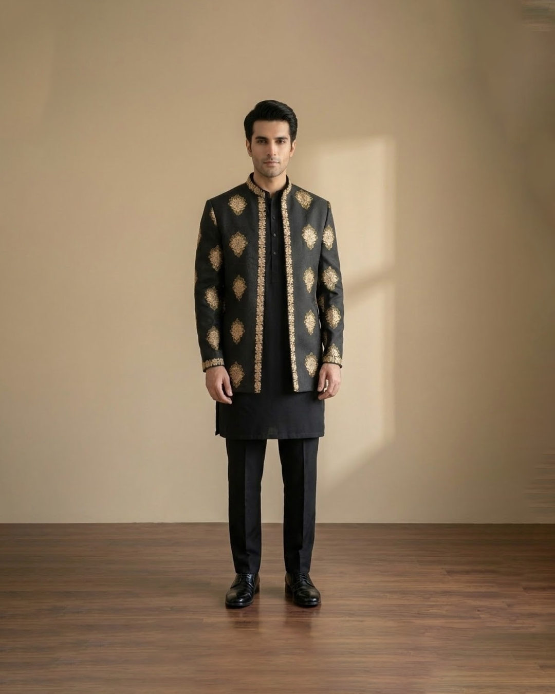 Black and gold embroidered open prince coat