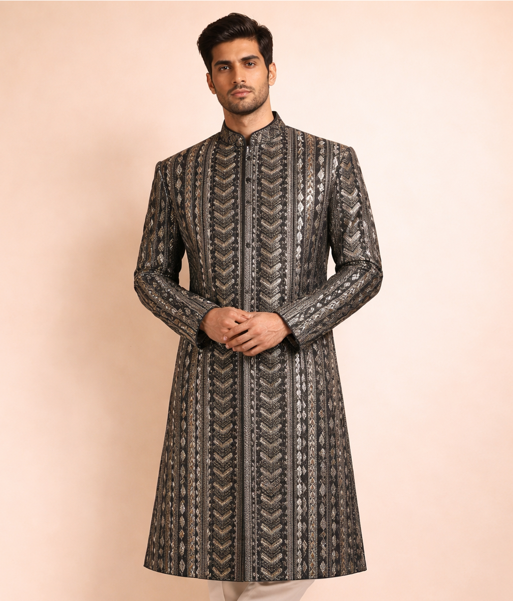 Black and white Sherwani masoori sequin work