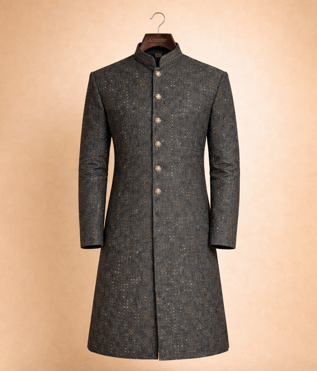 Black on black raw silk sherwani