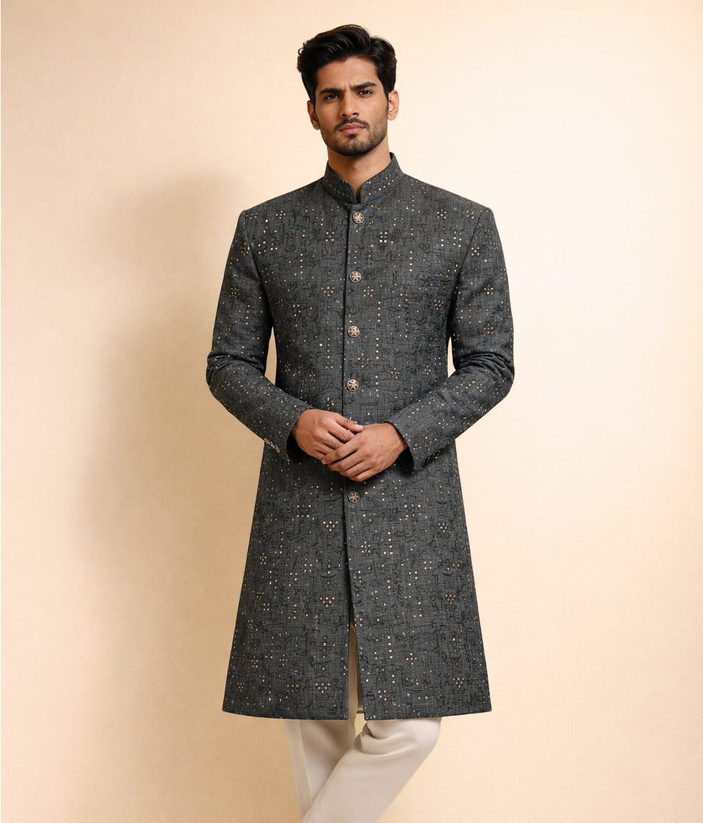 Black on black raw silk sherwani