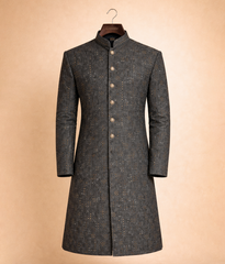 Black on black raw silk sherwani