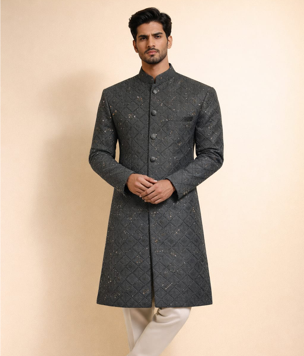 Black sequence work rawsilk  Sherwani