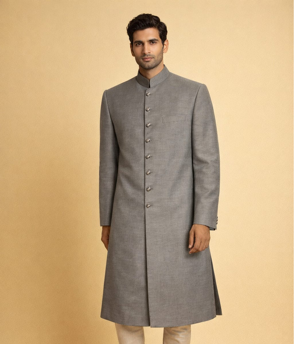 Charcoal grey plain sherwani for suiting