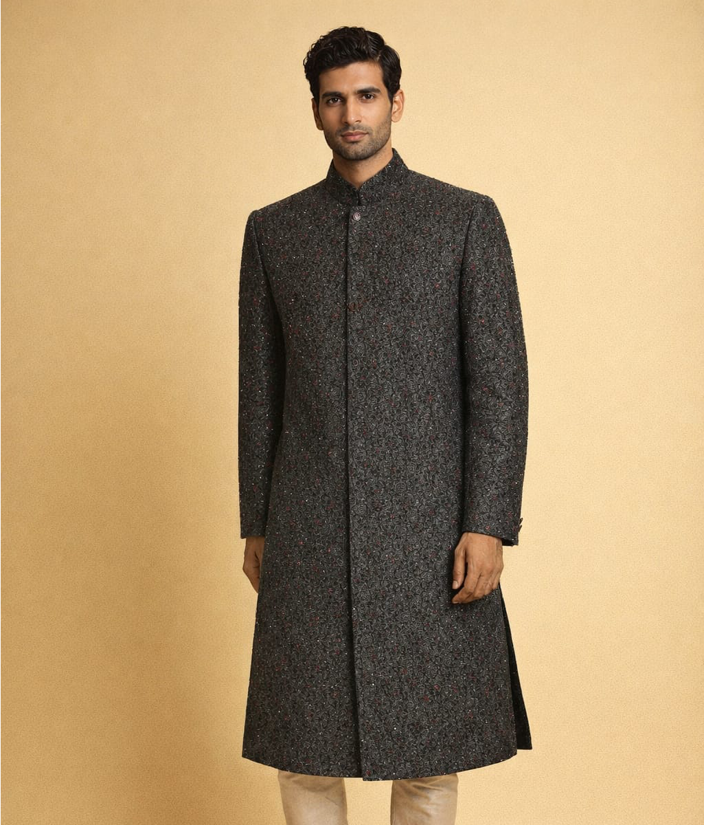 Charcoal patterned embroidered sherwani