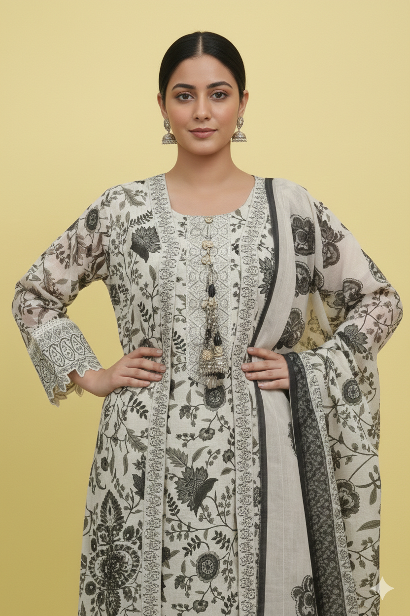 Floral printed 3 piece cotton suit Image