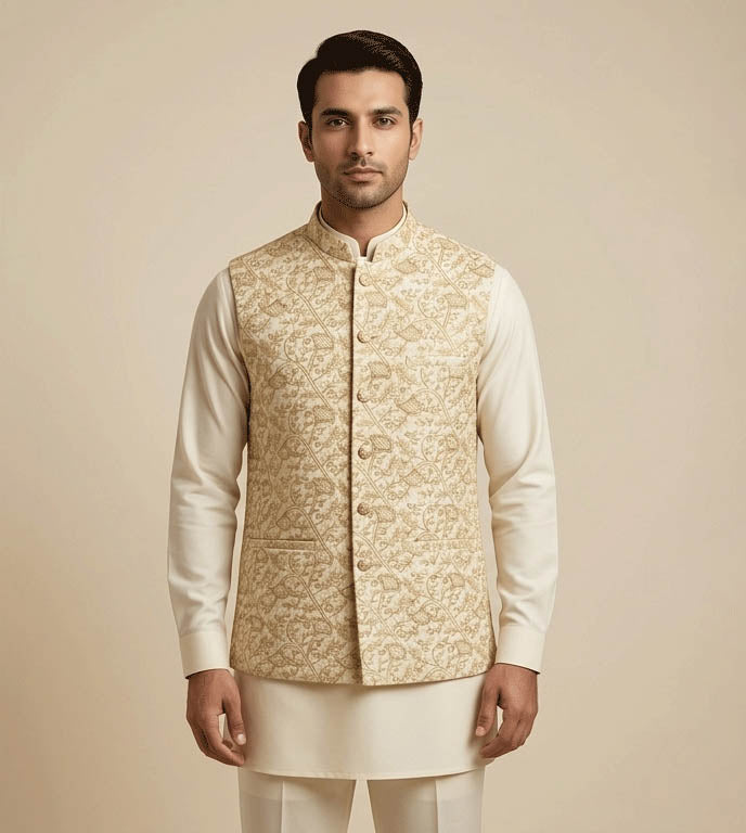 Beige JamawarJaal Fancy Waistcoat