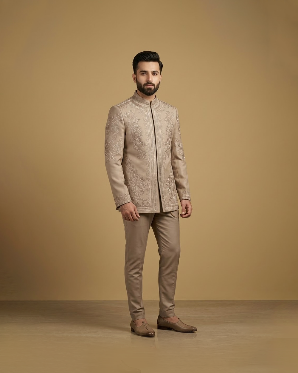 Light brown embroidered open prince coat