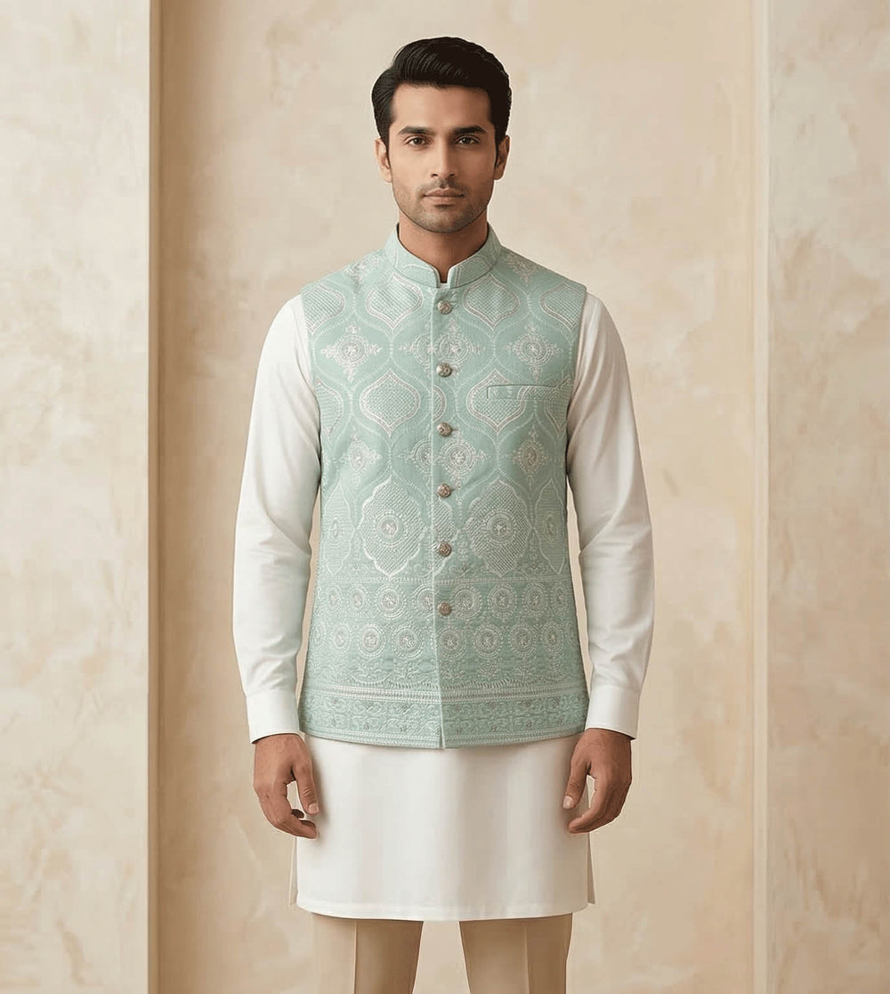 Mint green Tilla Embroidered  fancy waistcoat