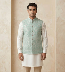 Mint green Tilla Embroidered  fancy waistcoat