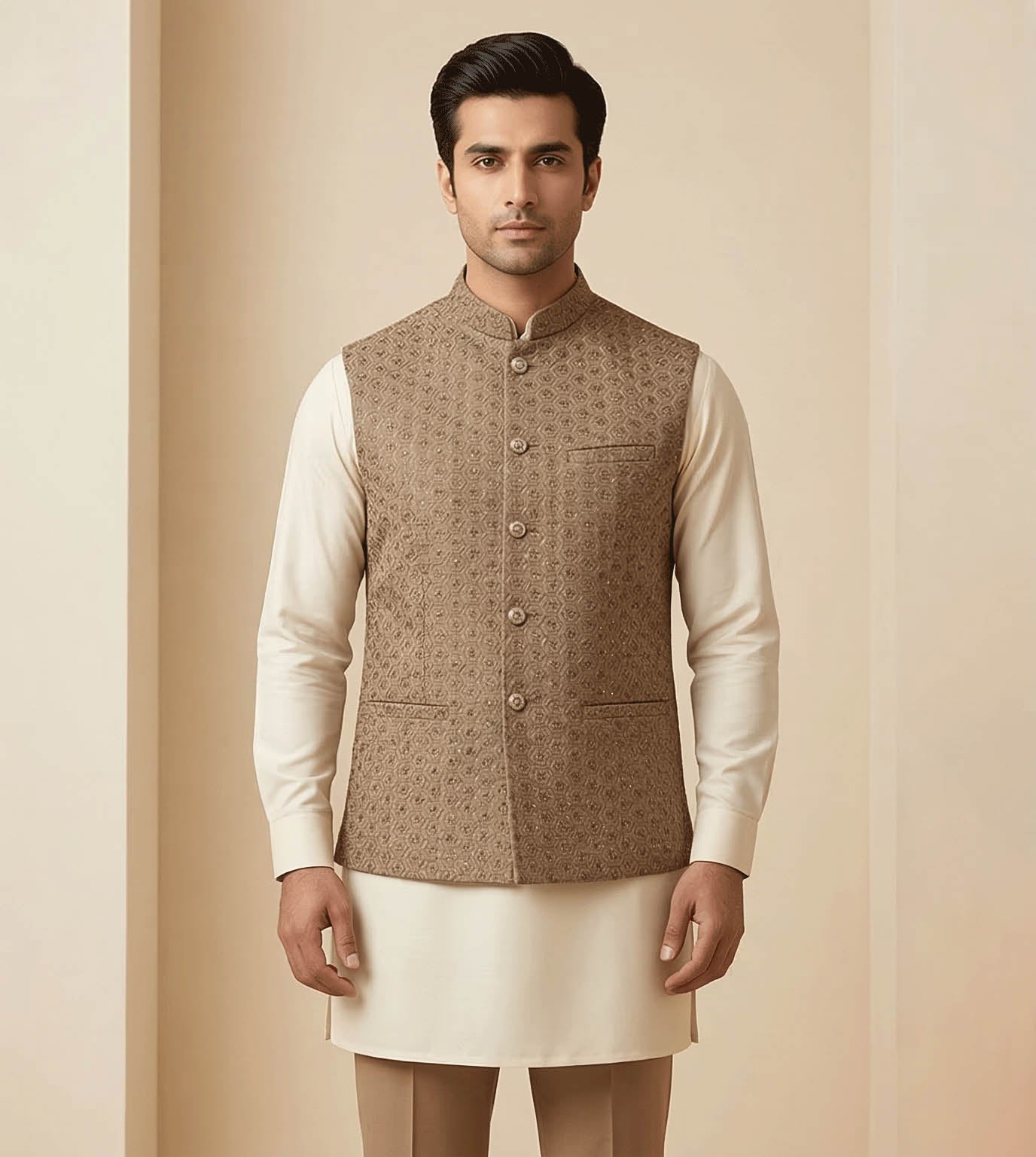 Mud brown Hexagon Work  fancy waistcoat