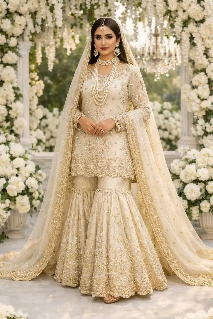 Pearl white Mirror & Resham Worked Gharara