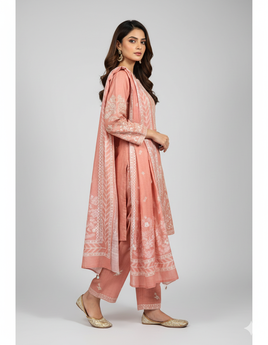 Petal pink embroidered shirt with trouser and printed dupatta
