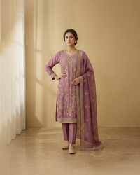 Raw Silk 3 Piece Suit Heavy Dabka Work with Dupatta and Plain Trousers