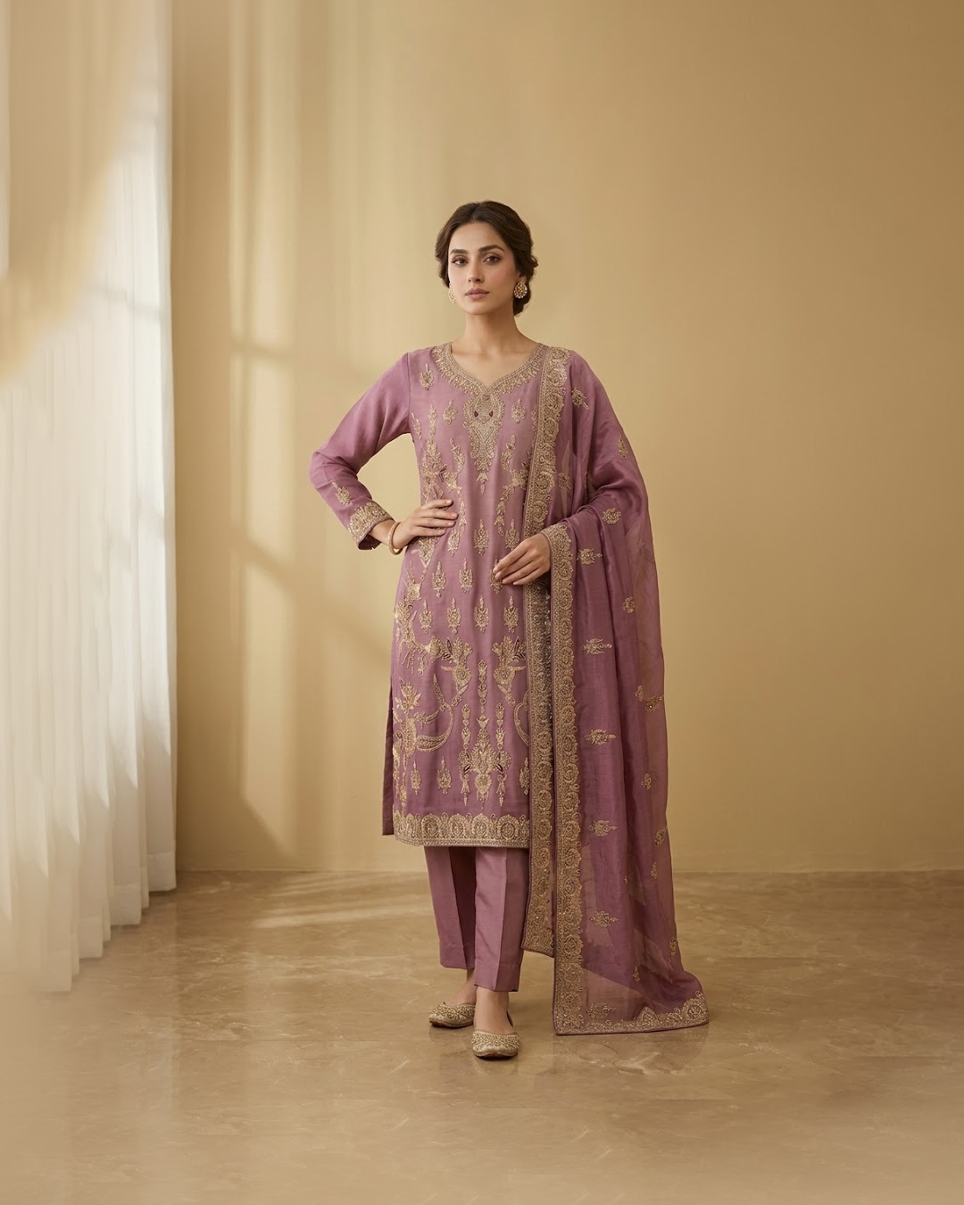 Raw Silk 3 Piece Suit Heavy Dabka Work with Dupatta and Plain Trousers