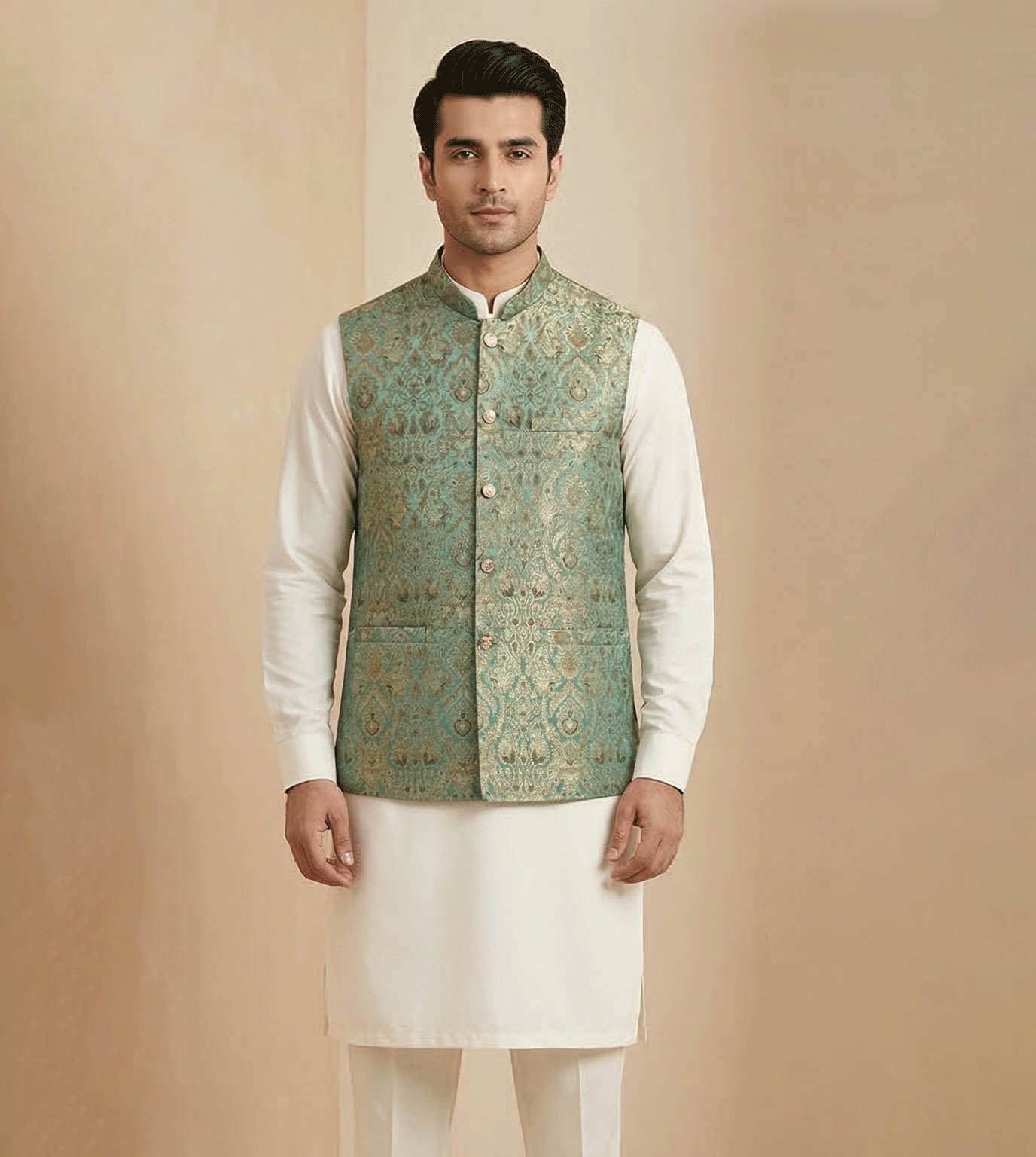 Pistachio green Damask Jamawar fancy waistcoat