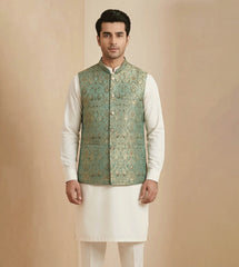 Pistachio green Damask Jamawar fancy waistcoat