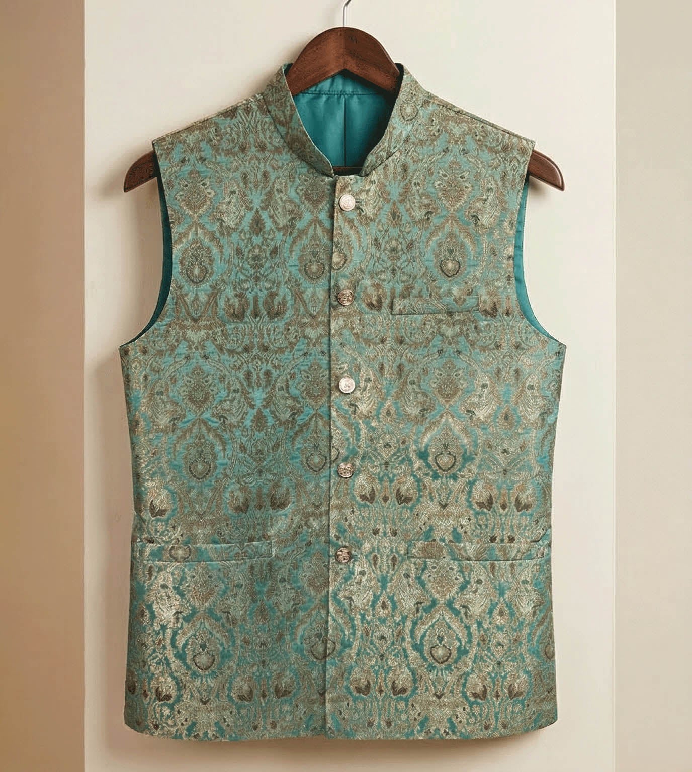 Pistachio green Damask Jamawar fancy waistcoat