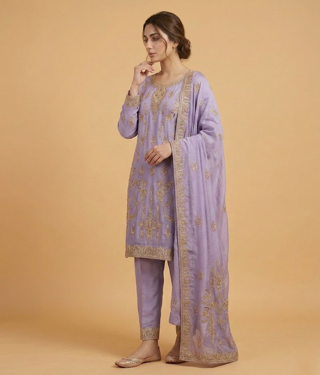 Raw Silk 3 Piece Suit Heavy Dabka Work with Dupatta and Plain Trousers