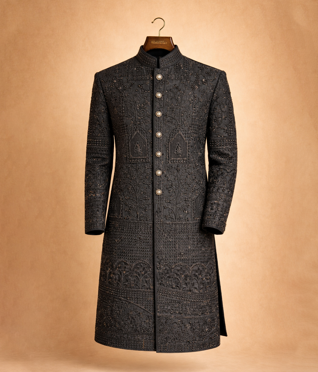 Black embroidered and patterned rawsilk sherwani