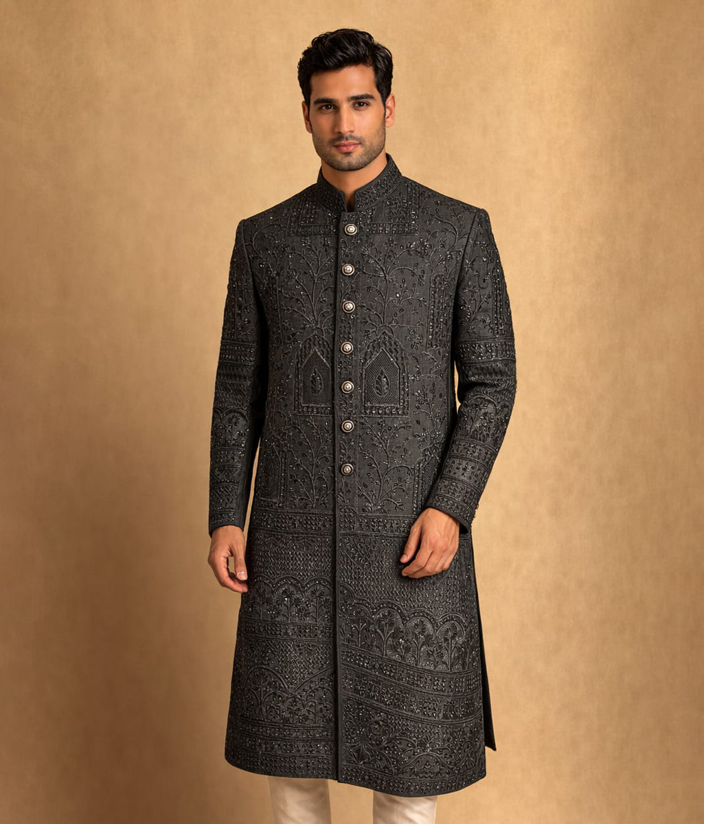 Black embroidered and patterned rawsilk sherwani