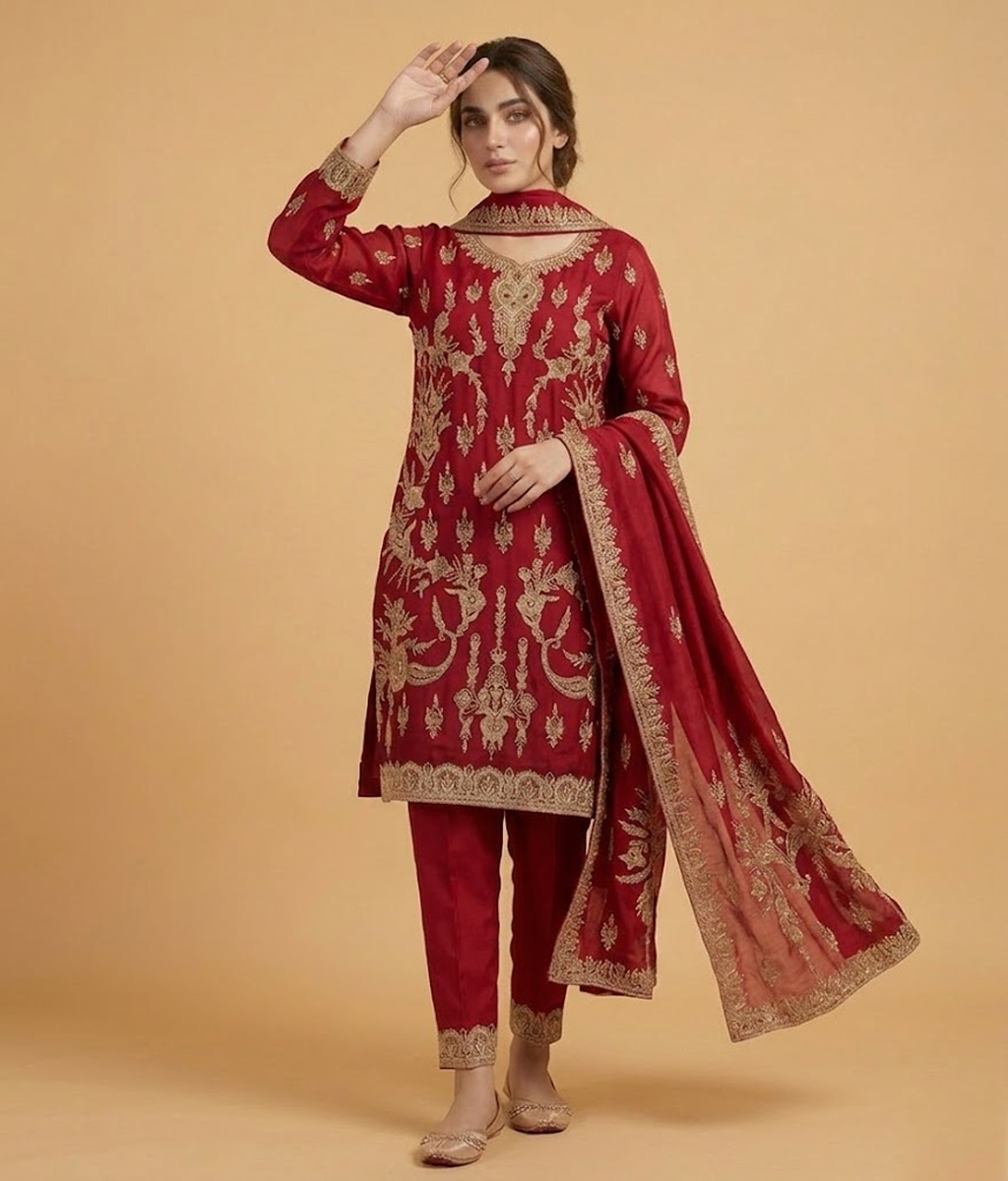 Raw Silk 3 Piece Suit Heavy Dabka Work with Dupatta and Plain Trousers