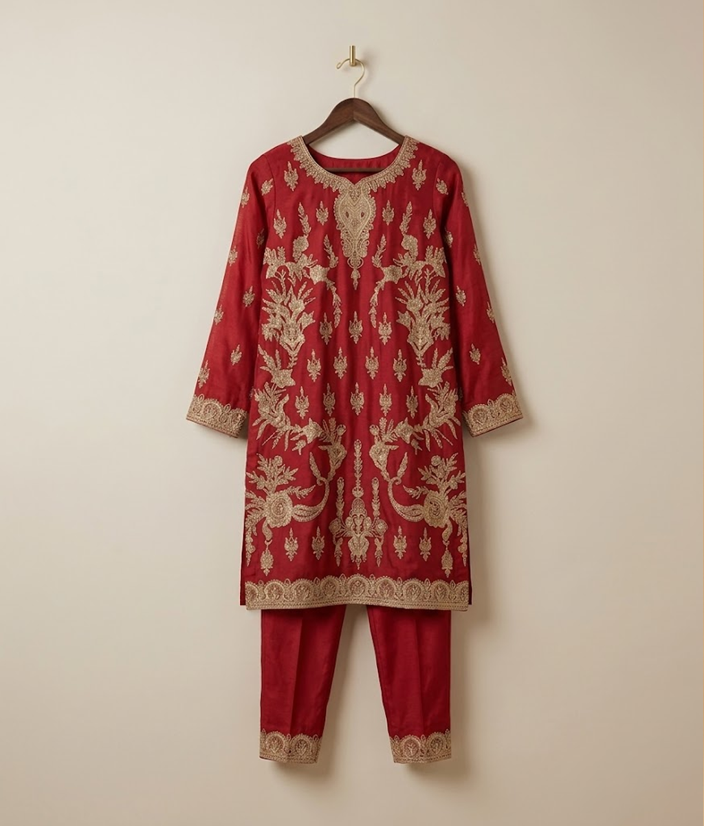 Raw Silk 3 Piece Suit Heavy Dabka Work with Dupatta and Plain Trousers