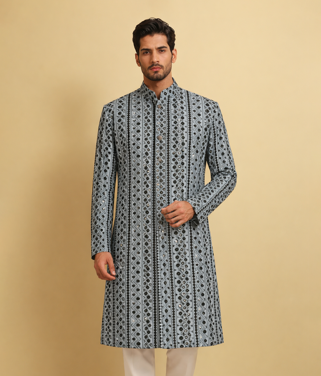 Grey and black Sherwani masoori sequin work