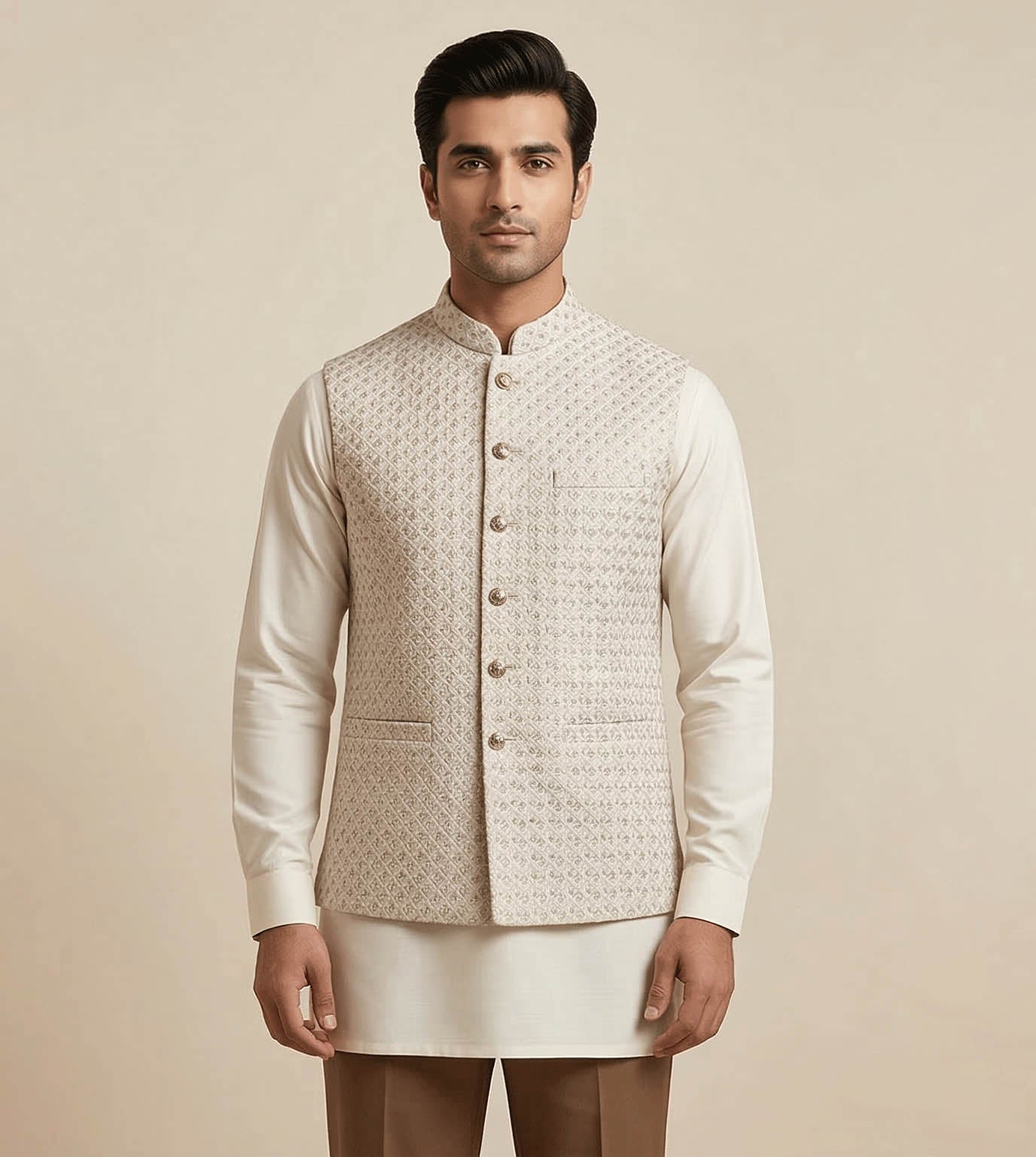 White Self-Embroidered Jacquard fancy waistcoat