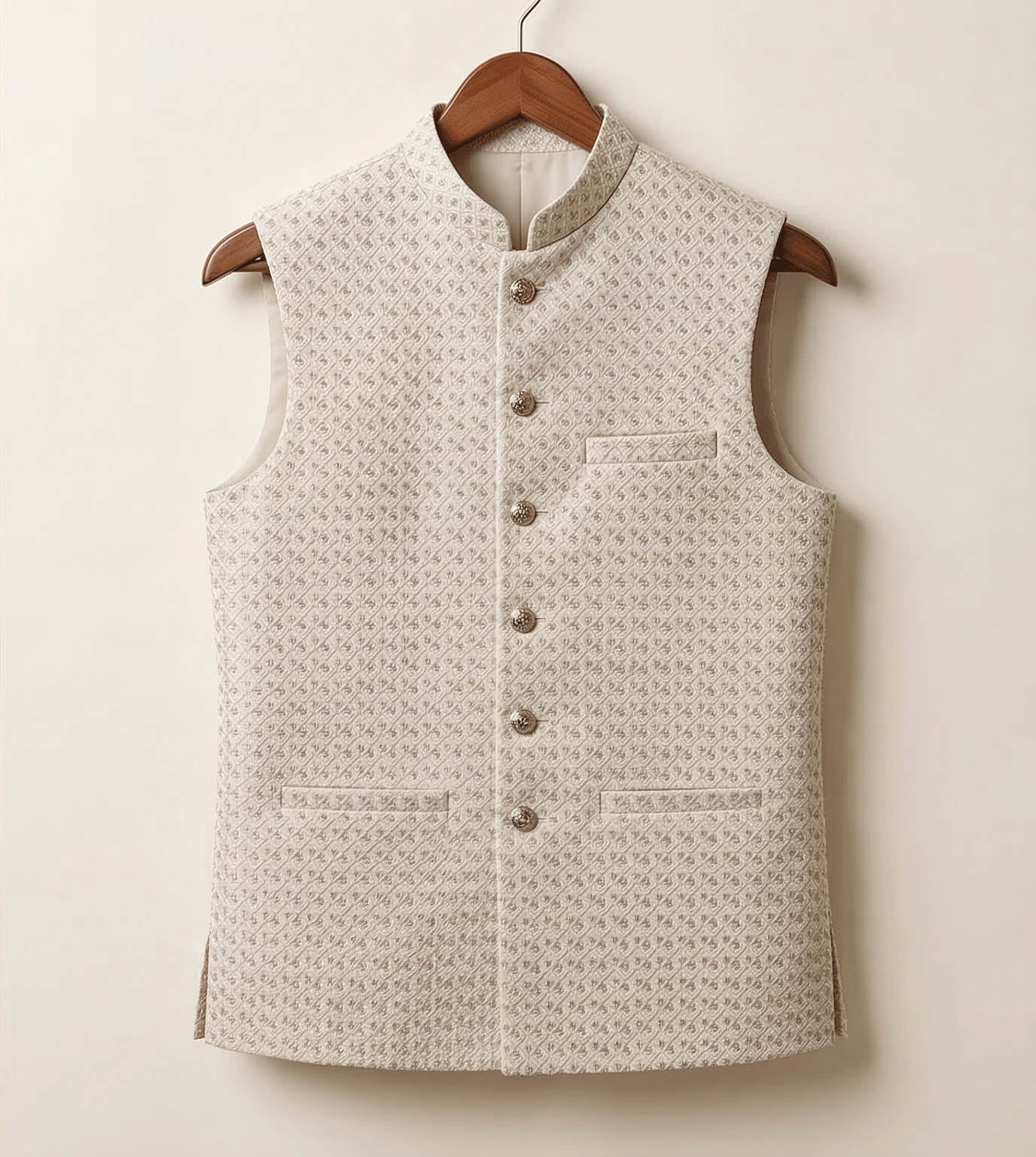 White Self-Embroidered Jacquard fancy waistcoat