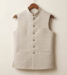 White Self-Embroidered Jacquard fancy waistcoat