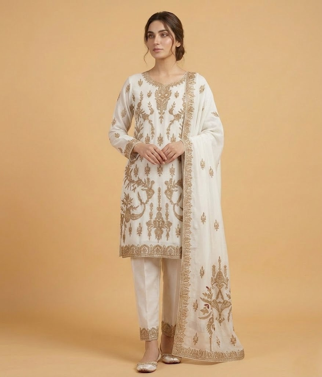 Raw Silk 3 Piece Suit Heavy Dabka Work with Dupatta and Plain Trousers