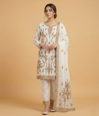 Raw Silk 3 Piece Suit Heavy Dabka Work with Dupatta and Plain Trousers