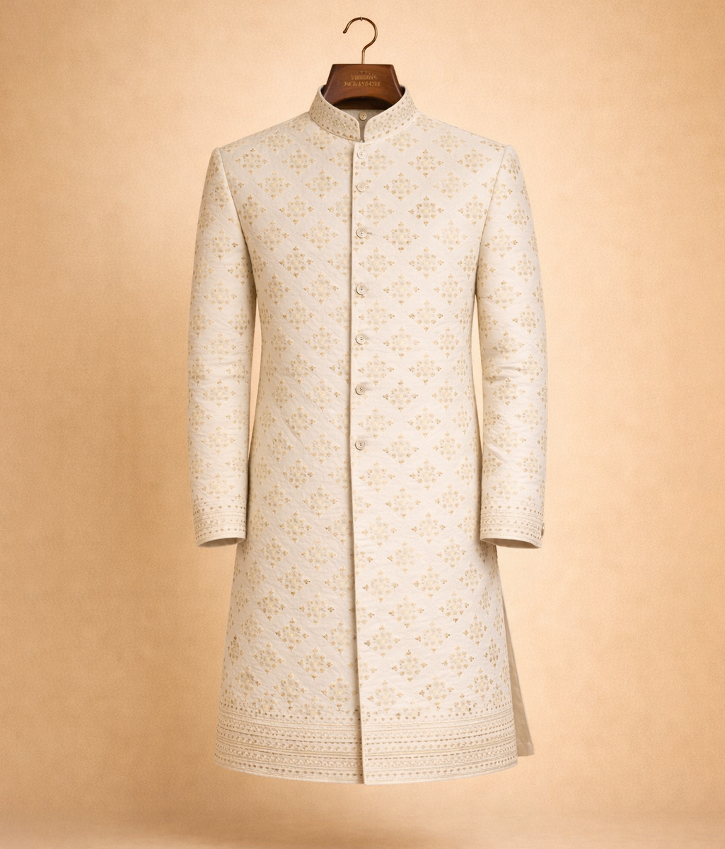 White pure silk Sherwani sheeha work