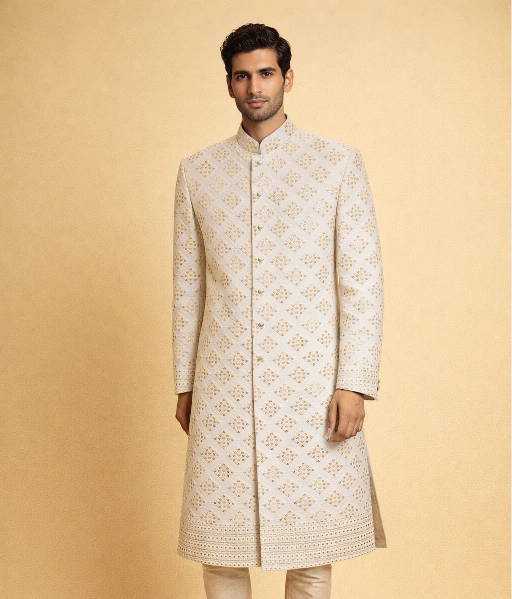 White pure silk Sherwani sheeha work